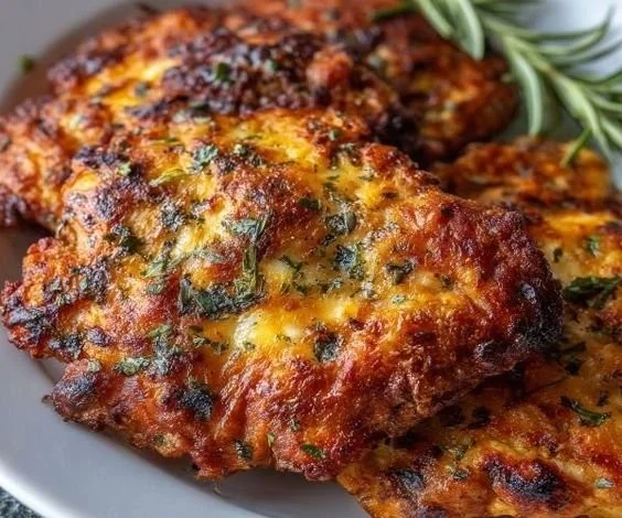 Cheesy marinated chicken on a plate garnished with herbs