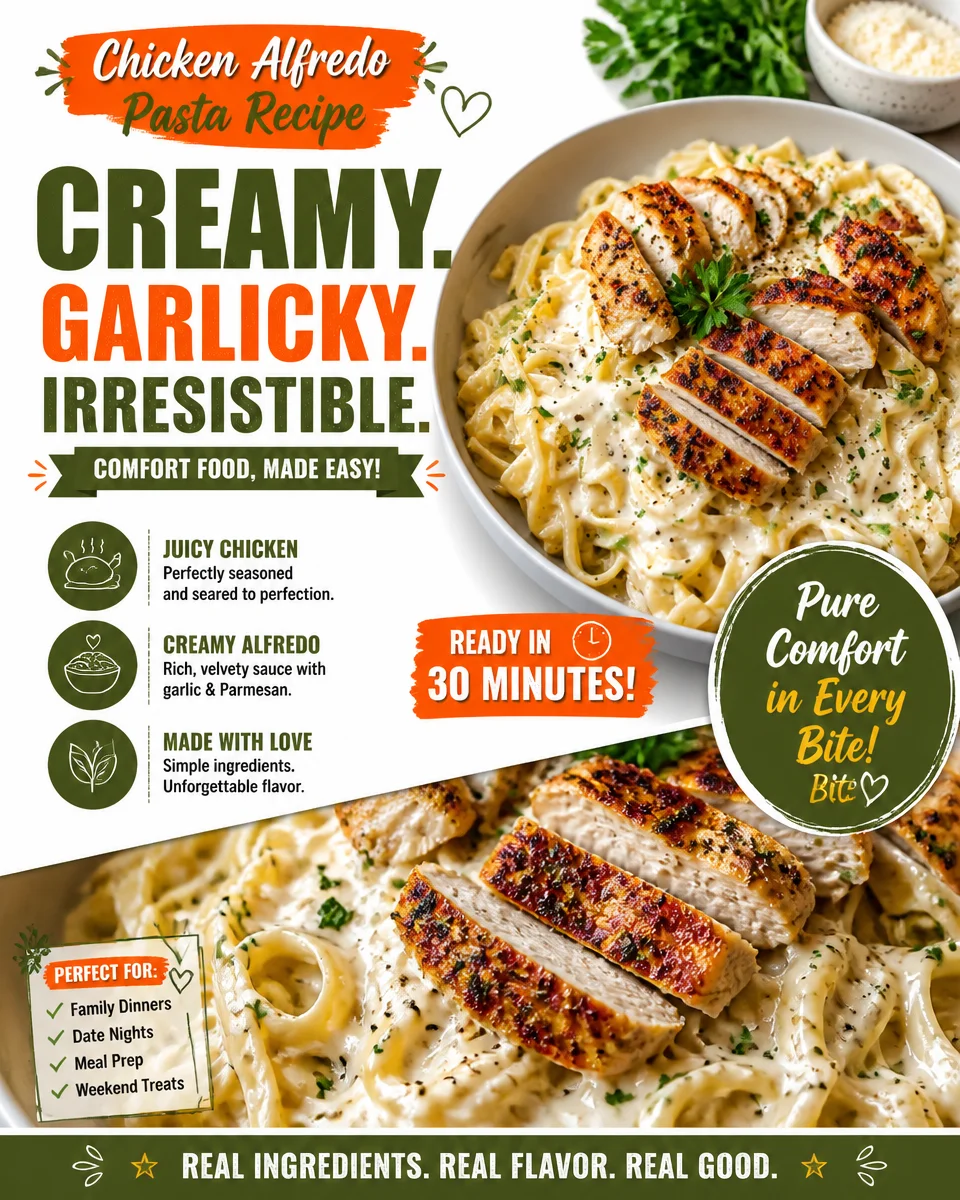 Creamy Chicken Alfredo pasta served with parsley garnish on a plate