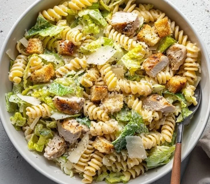 Delicious Chicken Caesar Pasta Salad with grilled chicken and Caesar dressing