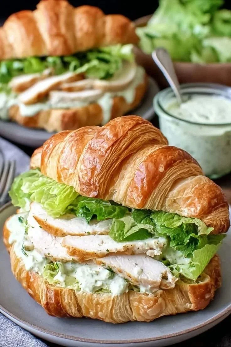 Chicken Caesar Salad Croissant Sandwich on a plate with fresh ingredients