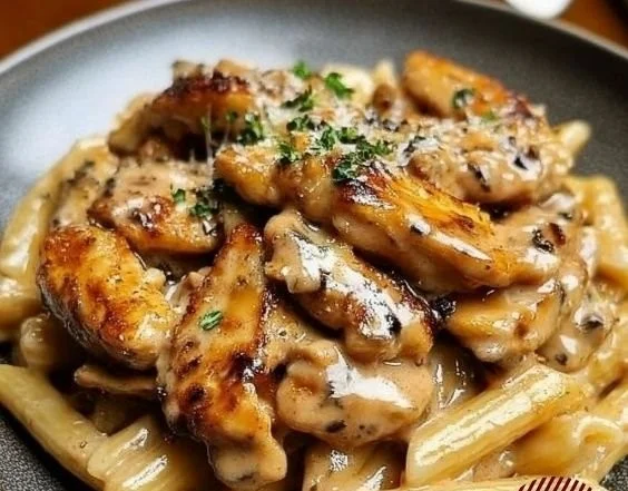 Delicious Chicken Marsala Pasta garnished with herbs