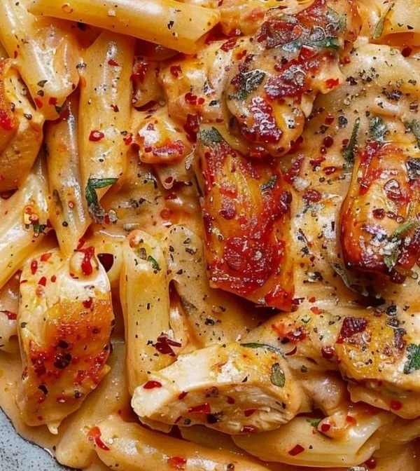 A plate of Chicken Mozzarella Pasta garnished with fresh basil and grated cheese