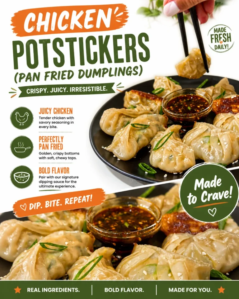 Crispy pan-fried Chicken Potstickers served with dipping sauce