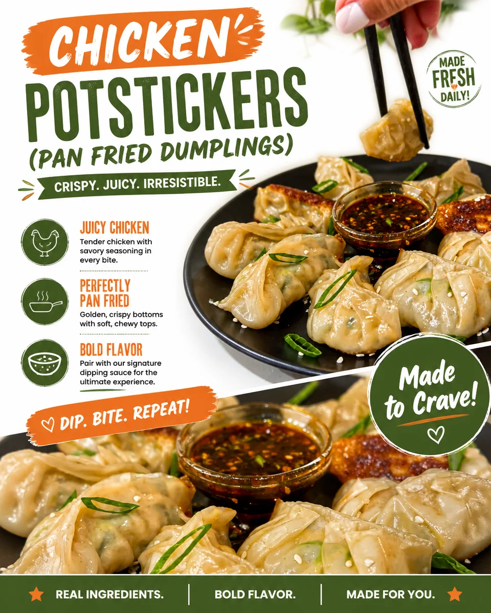 Crispy pan-fried Chicken Potstickers served with dipping sauce