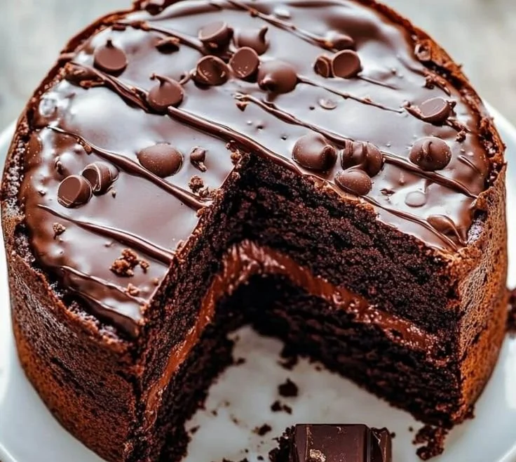 Delicious chocolate brownie cake topped with chocolate frosting.