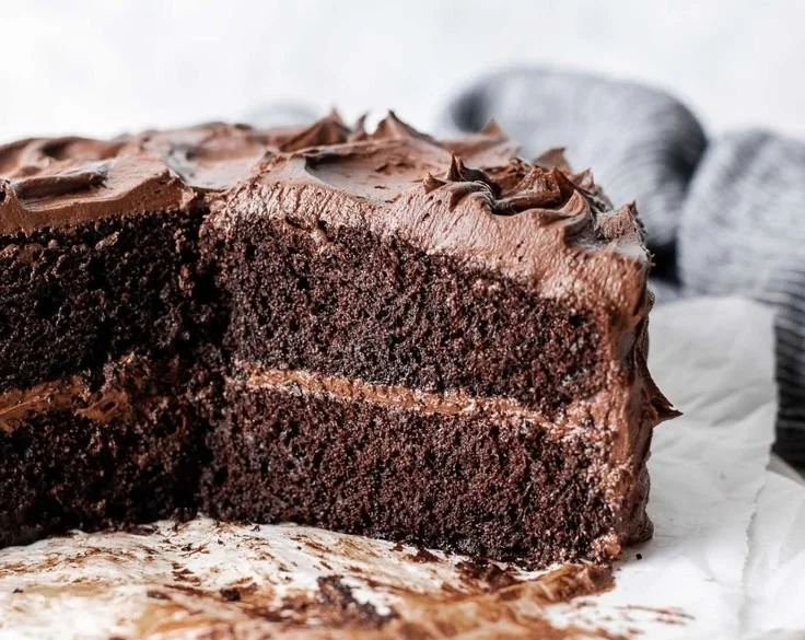 Delicious homemade chocolate cake topped with chocolate frosting