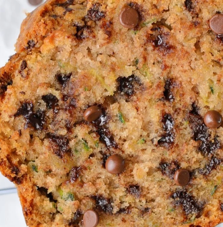 Loaf of homemade chocolate chip zucchini bread with chocolate chips