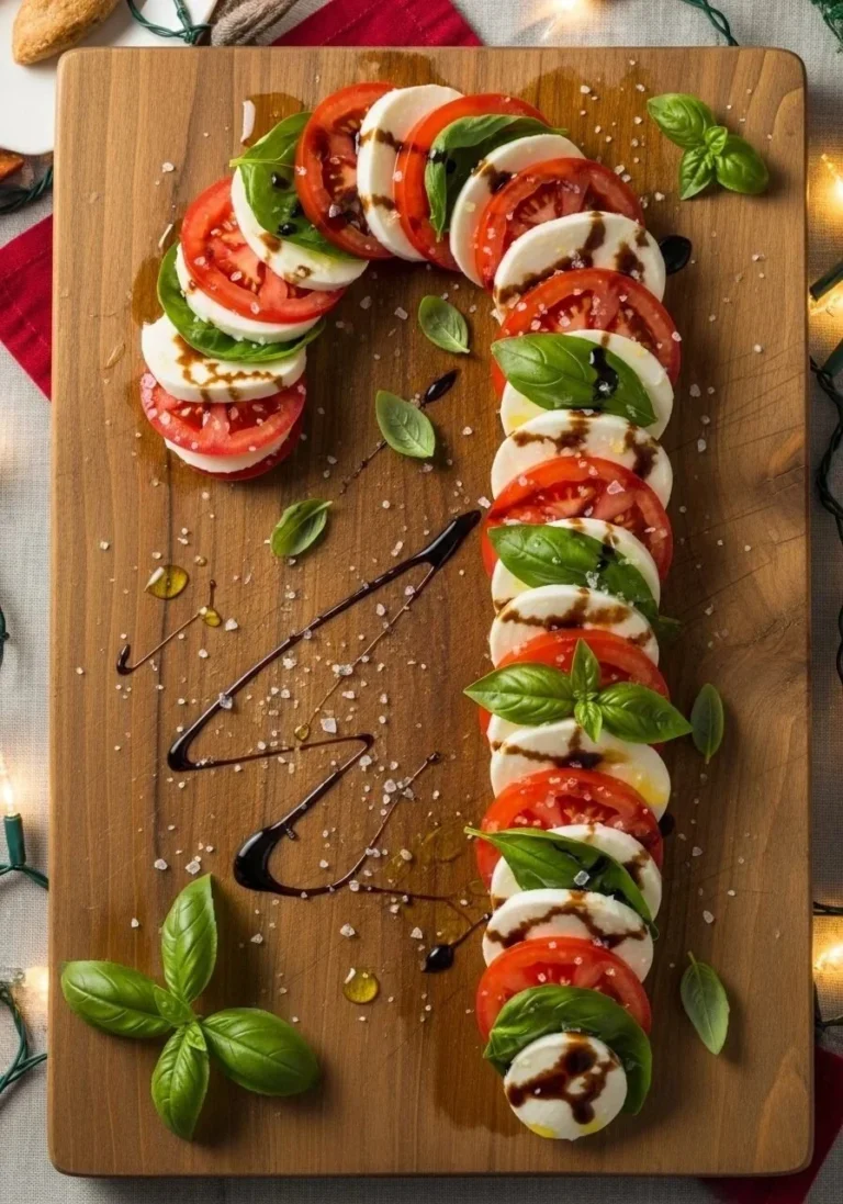 Festive Christmas Candy Cane Caprese Salad with mozzarella, tomatoes, and basil.