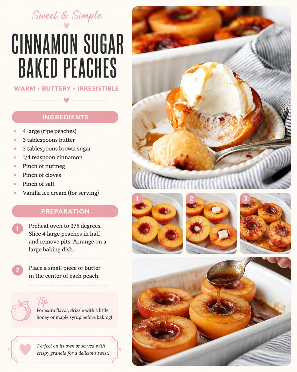 Cinnamon Sugar Baked Peaches topped with a sprinkle of cinnamon and sugar