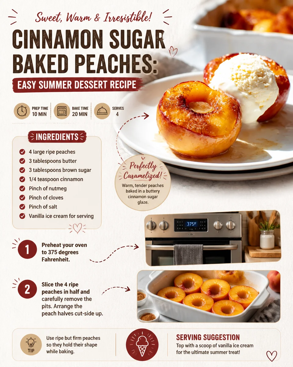 Cinnamon sugar baked peaches served on a plate, a delightful summer dessert.