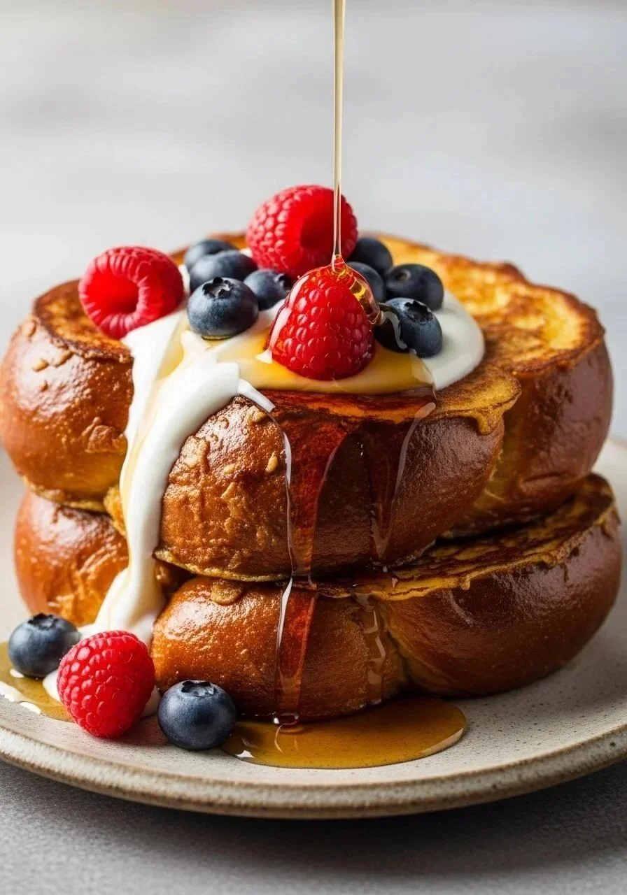 Delicious classic French toast topped with syrup and berries