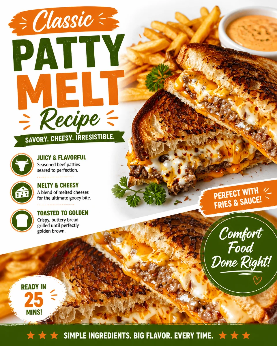Delicious classic patty melt with beef, cheese, and grilled onions on toasted bread