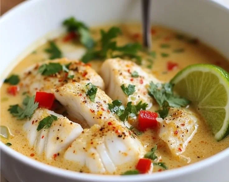 Bowl of Coconut Lime Fish Soup with fresh ingredients and vibrant colors.