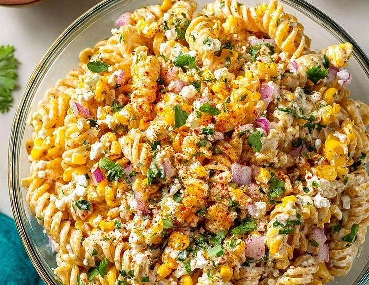 Delicious Cotija Mexican Style Elote Pasta Salad served in a bowl
