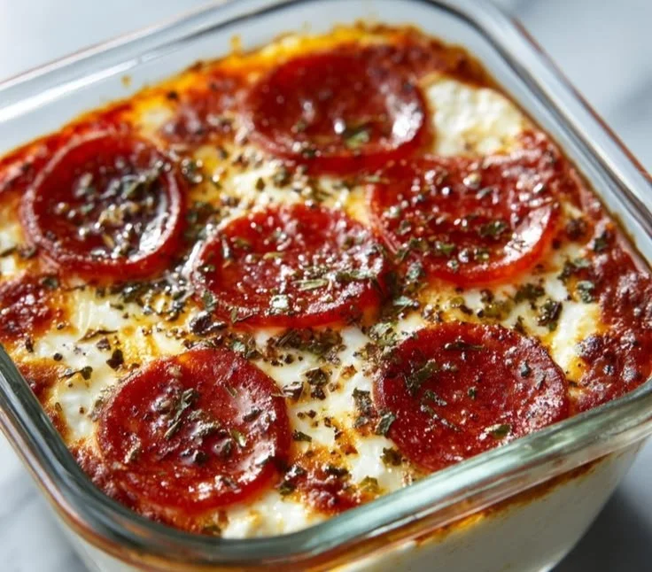 Cottage cheese pizza bowl topped with fresh ingredients, healthy and delicious.