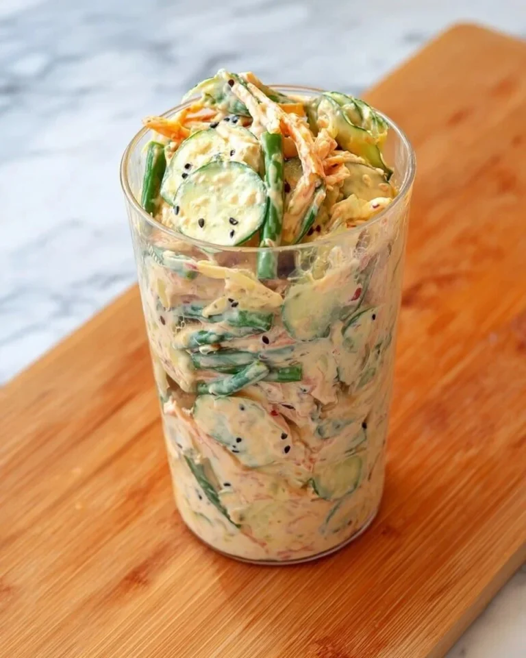 Creamy Asian cucumber salad bowl with fresh vegetables and dressing.