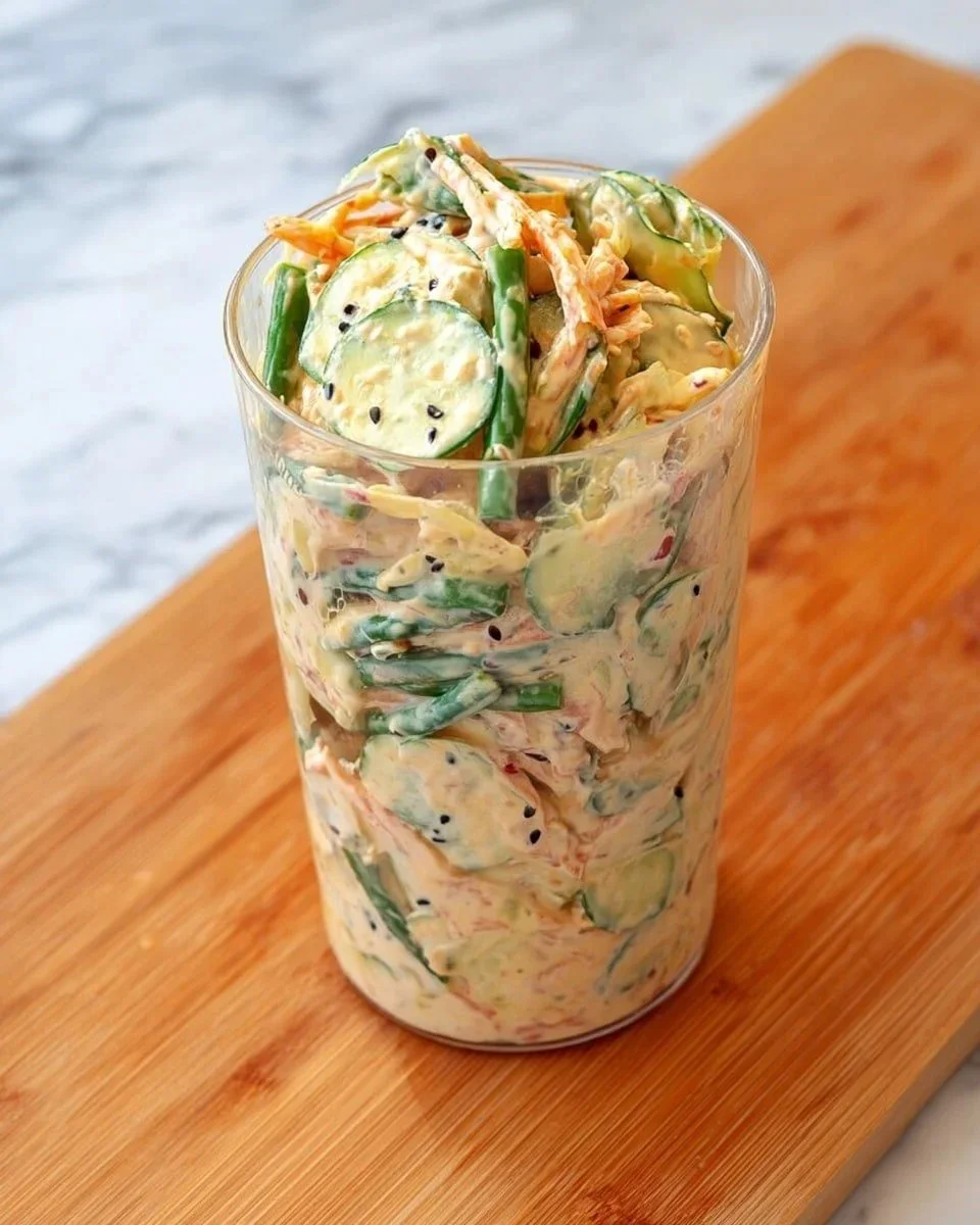 Creamy Asian cucumber salad bowl with fresh vegetables and dressing.