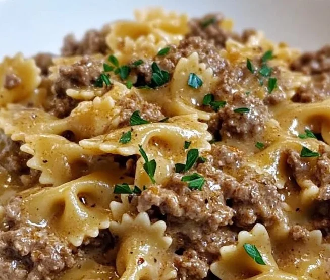 Delicious creamy beef pasta dish with fresh herbs
