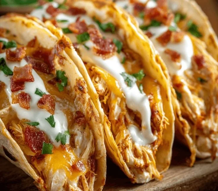 Delicious creamy cheddar ranch chicken tacos served on a plate.