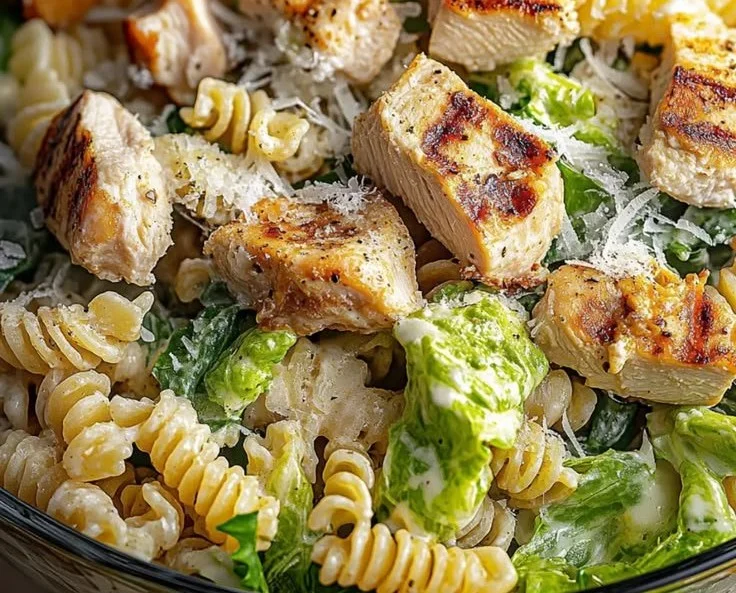 Delicious creamy Chicken Caesar pasta salad with fresh ingredients in a bowl
