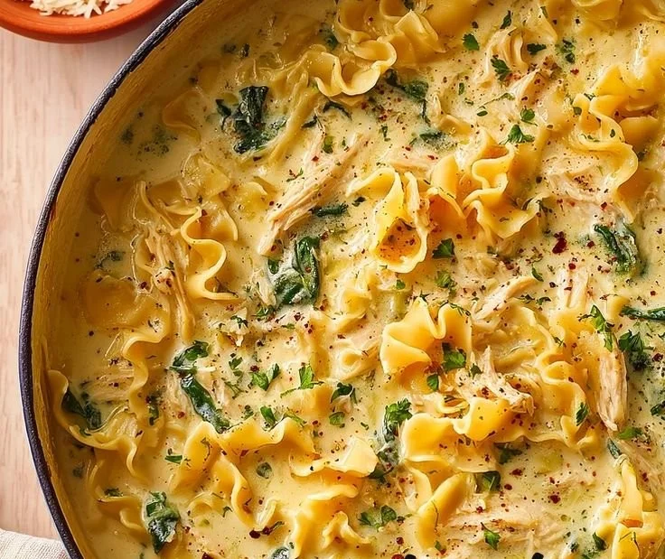 Creamy chicken lasagna soup garnished with cheese and herbs in a bowl.