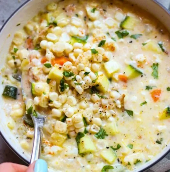 Bowl of creamy corn and zucchini chowder garnished with herbs