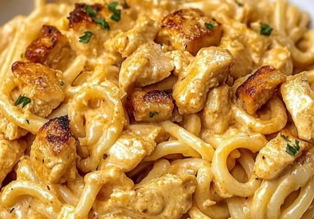 Creamy cowboy butter chicken pasta topped with fresh herbs and spices