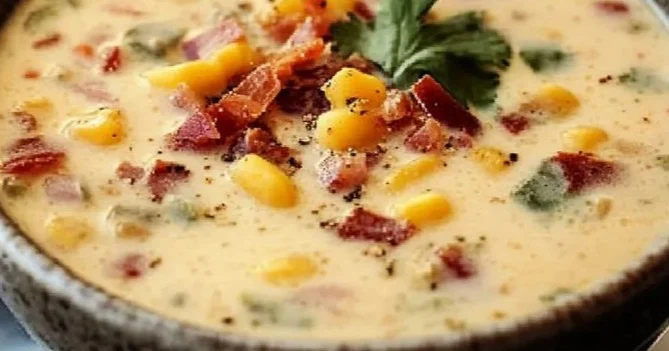 Bowl of creamy cowboy soup topped with fresh herbs and spices