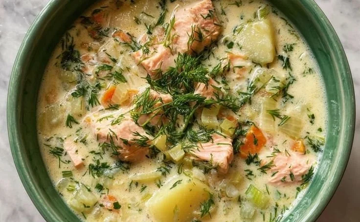 Creamy dill salmon soup with potatoes and leeks served in a bowl.