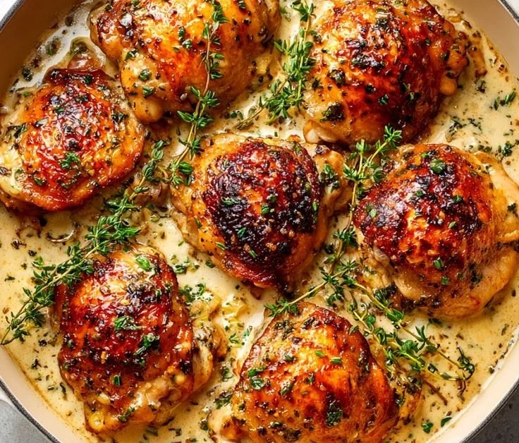 Creamy garlic chicken thighs served on a plate, garnished with herbs