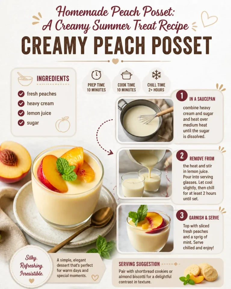 Creamy peach posset dessert in a glass garnished with fresh peach slices.