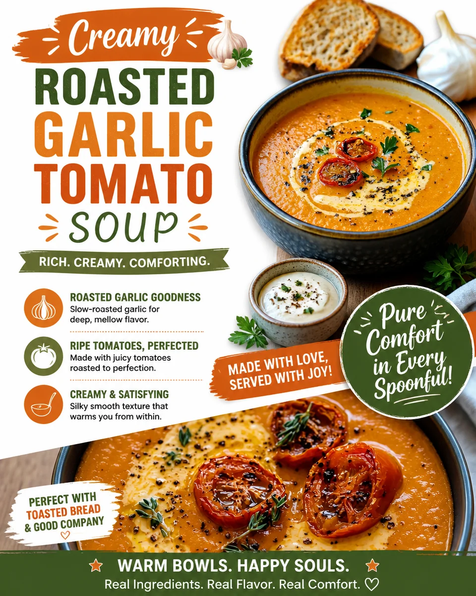 Creamy roasted garlic tomato soup in a rustic bowl garnished with herbs.