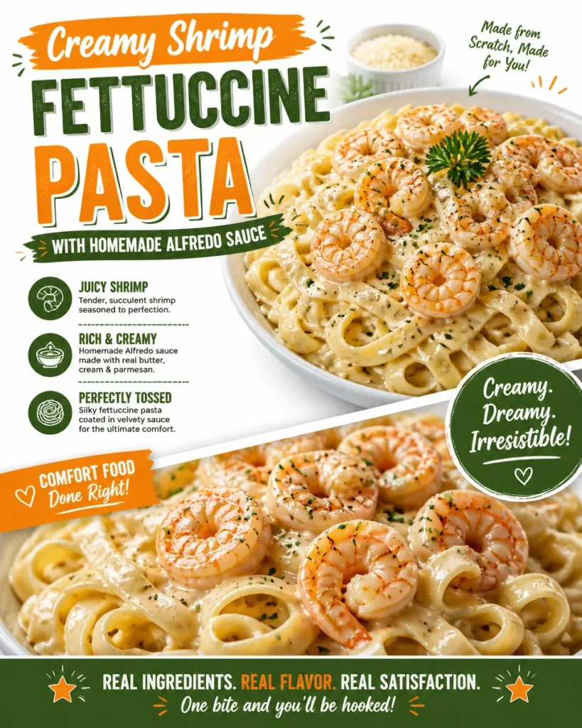 Creamy shrimp fettuccine pasta with homemade Alfredo sauce in a bowl