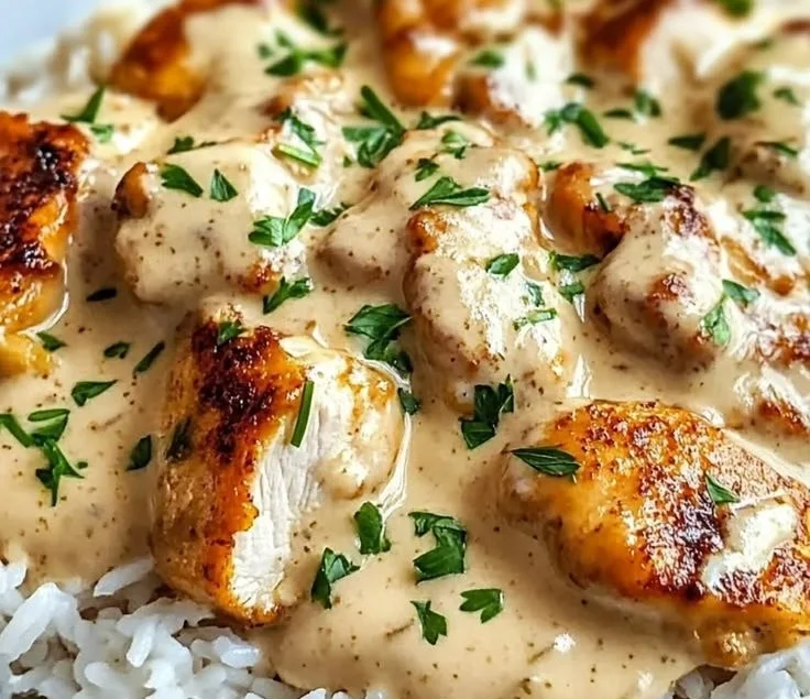 Creamy smothered chicken served over rice with vegetables