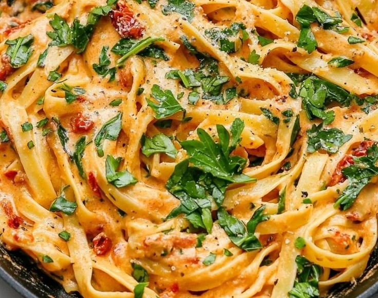 Creamy vegan sun-dried tomato pasta served in a bowl with fresh herbs
