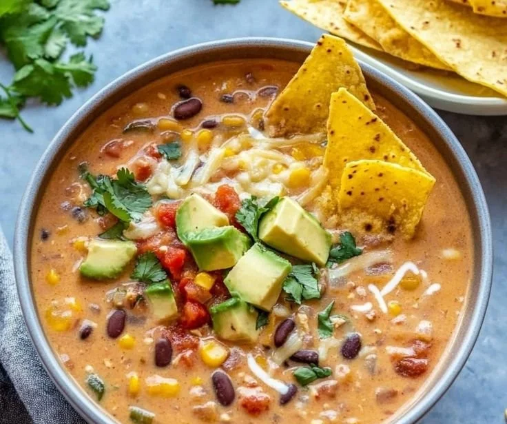 Bowl of creamy vegetarian tortilla soup topped with crispy tortilla strips and fresh cilantro