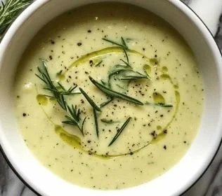 A bowl of creamy zucchini soup garnished with fresh herbs