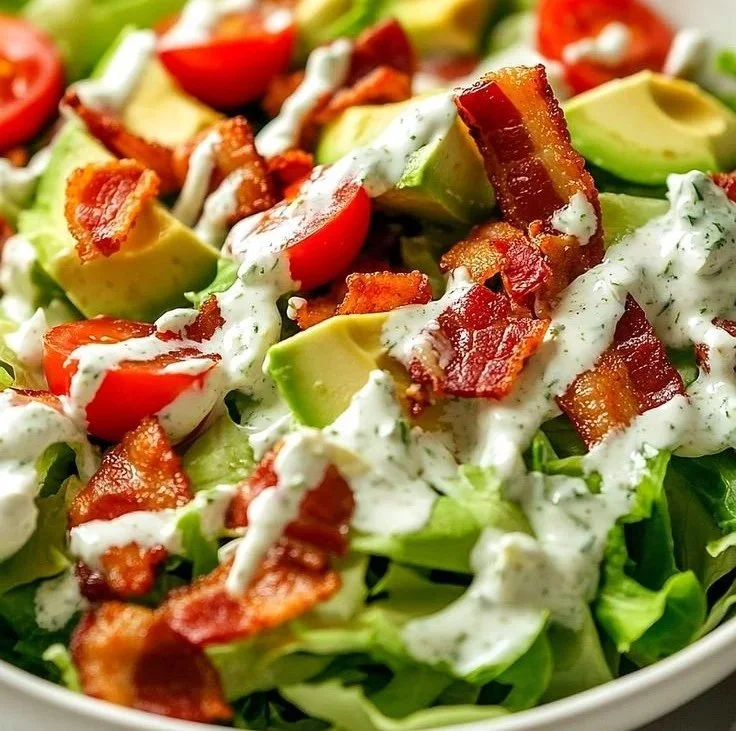 Delicious Keto BLT Salad topped with crispy bacon, lettuce, and tomatoes.