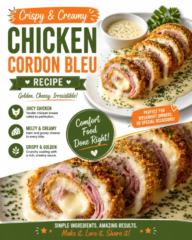 Crispy Creamy Chicken Cordon Bleu served on a plate with a side of vegetables