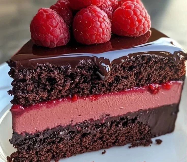 Dark Chocolate Raspberry Mousse Cake topped with fresh raspberries and chocolate shavings