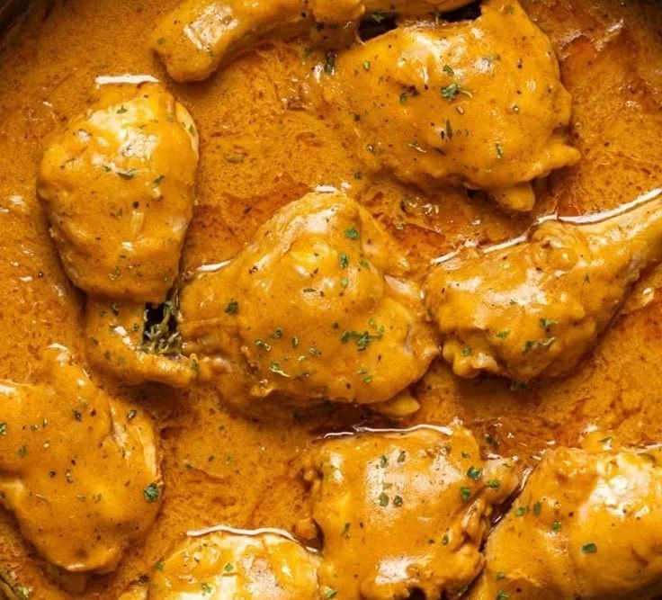 Plate of Delicious Southern Smothered Chicken with rich gravy and side dishes.