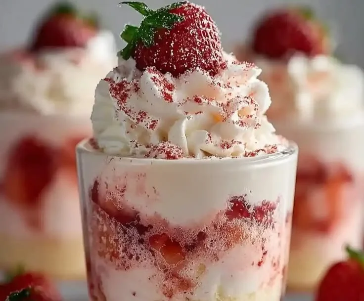 Delicious strawberry shortcake pudding cups served in clear cups with fresh strawberries
