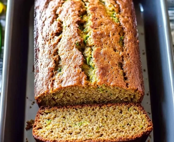 Freshly baked zucchini bread loaf with slices on a wooden cutting board