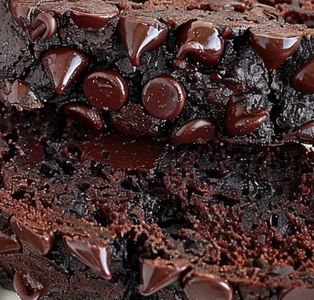Loaf of double chocolate zucchini bread sliced on a wooden board
