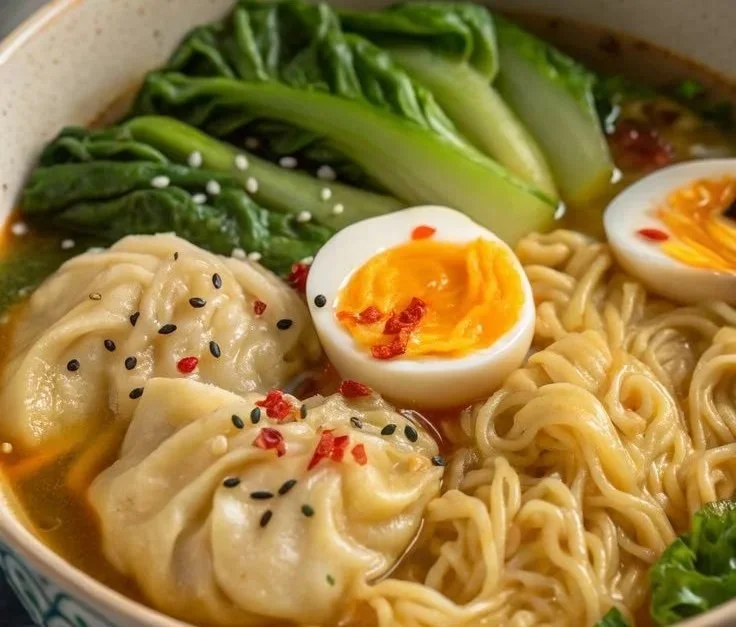 Dumpling ramen bowl topped with soft-boiled eggs and vibrant fresh greens.