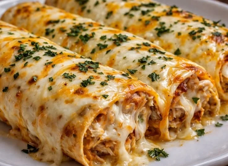 Delicious easy chicken enchilada casserole topped with cheese and cilantro.