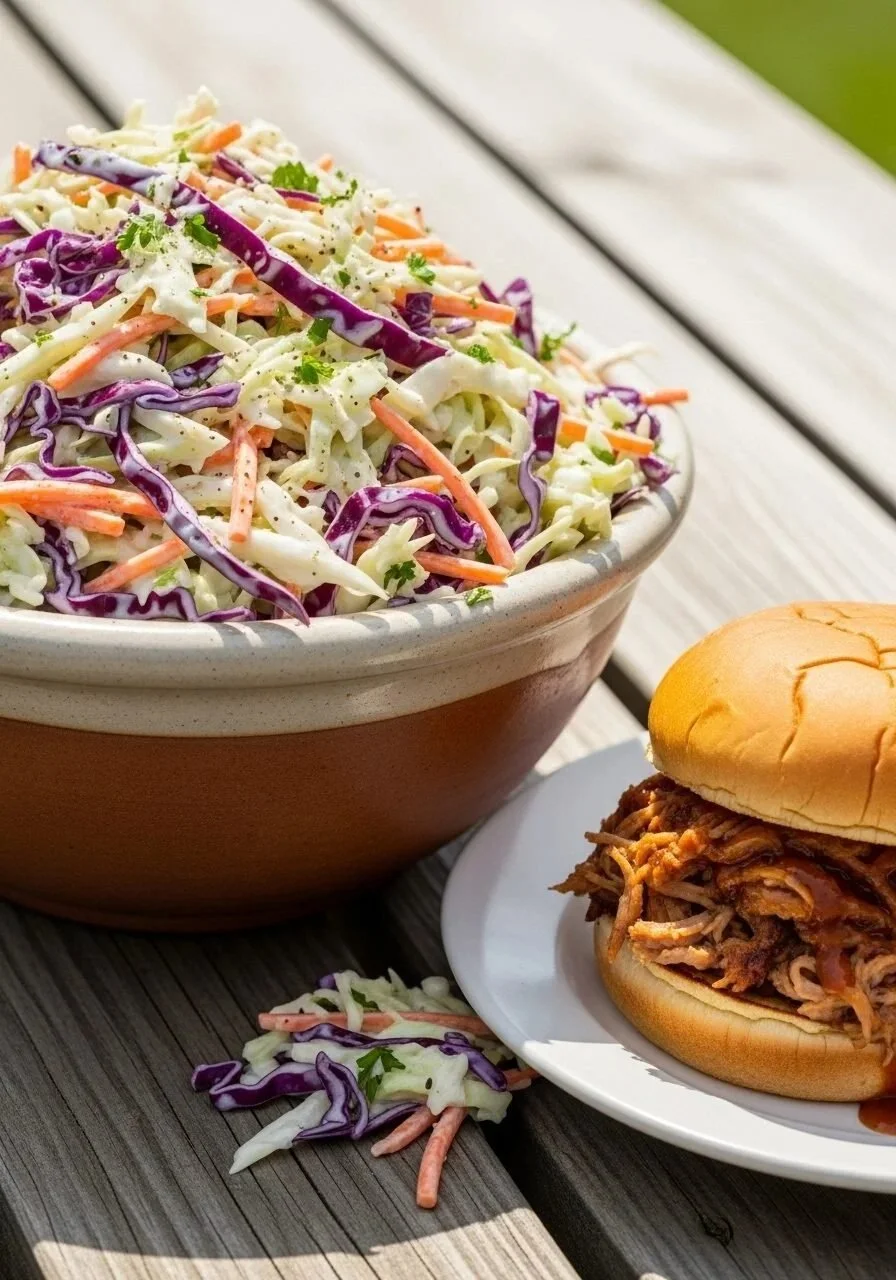 Bowl of easy creamy coleslaw with fresh cabbage and dressing