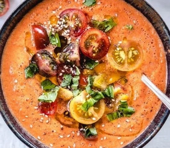 Bowl of easy vegan gazpacho recipe with fresh vegetables