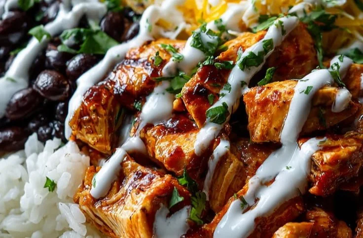 Delicious homemade chicken burrito bowl with rice, beans, and toppings