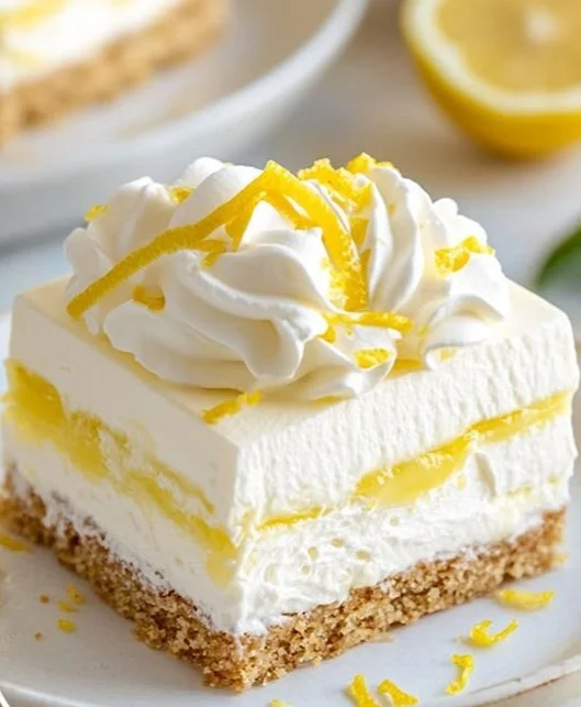 A delicious slice of easy lemon icebox dessert topped with whipped cream and lemon zest.